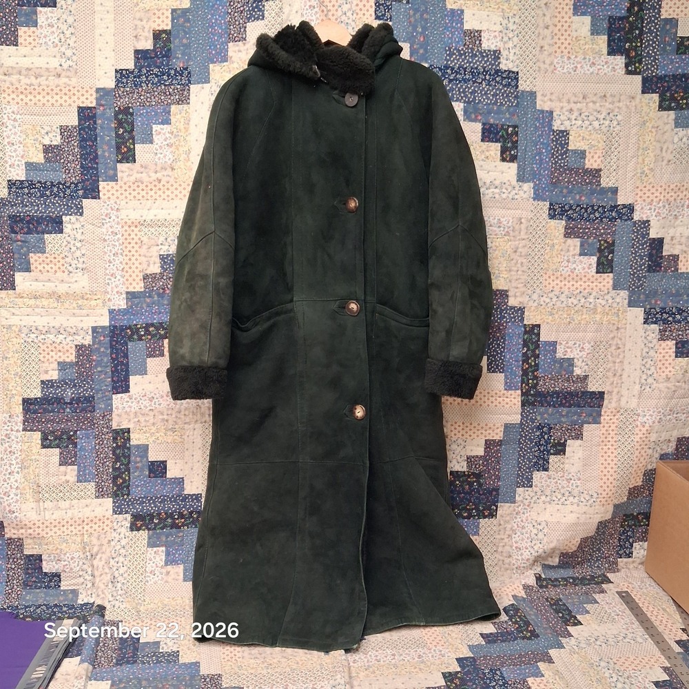 90s Vintage Blue Duck Shearling Coat Womens S Forest Green Suede Hooded Duster